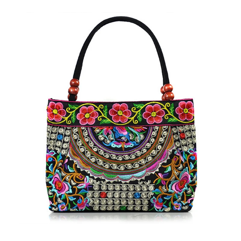 Women Shoulder Bags Embroidery Ethnic Style Pretty Flower Bohemia Retro Canvas Large Capacity Shopper Handbag for Teenage Girl