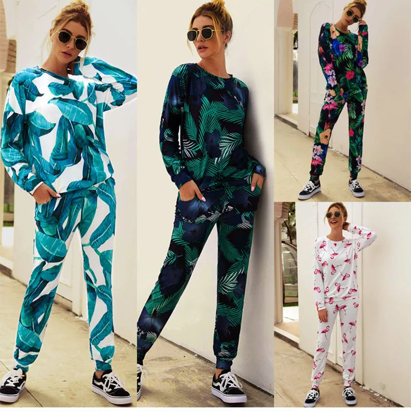 New Arrival Autumn Sexy Women Set Printed Round Neck Fashion Casual Suit Sexy Top Pants Two Piece Suit Women's Clothing