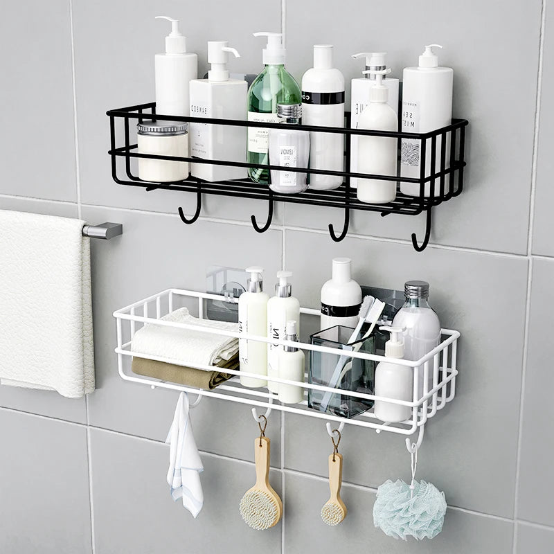 Wall Mounted Bathroom Shelves Floating Shelf Shower Hanging Basket Shampoo Holder WC Accessories Kitchen Seasoning Storage Rack