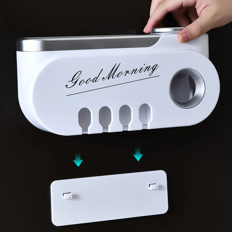 Creative Toothbrush Holder Automatic Toothpaste Dispenser Wall Mounted Punch-free Toilet Bathroom Storage Bathroom Accessories