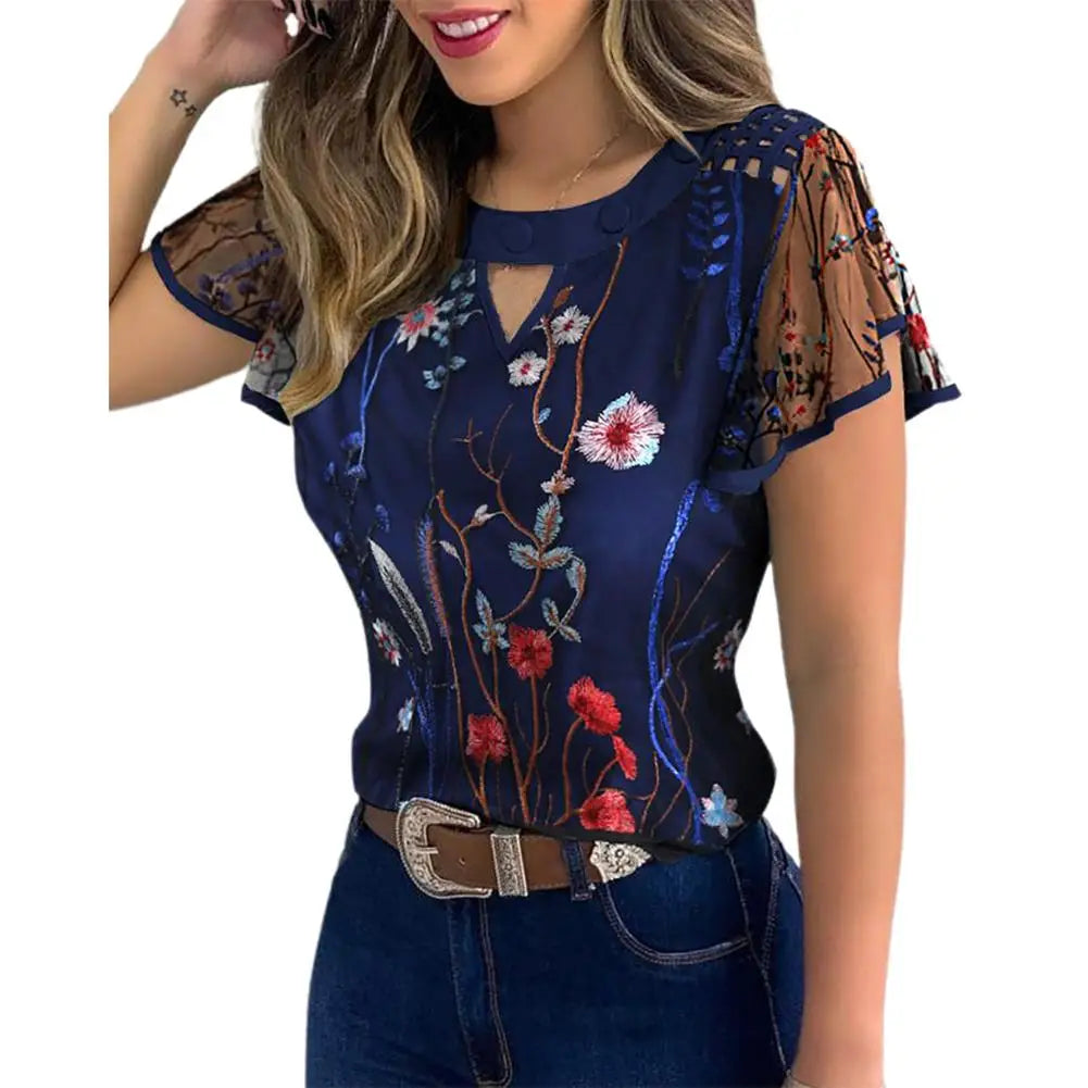 Spring Summer Women T-Shirt Hollow Out Ruffled Sleeve Marguerite Floral Embroidered T-shirt Top Femme T Shirt Women's Clothing