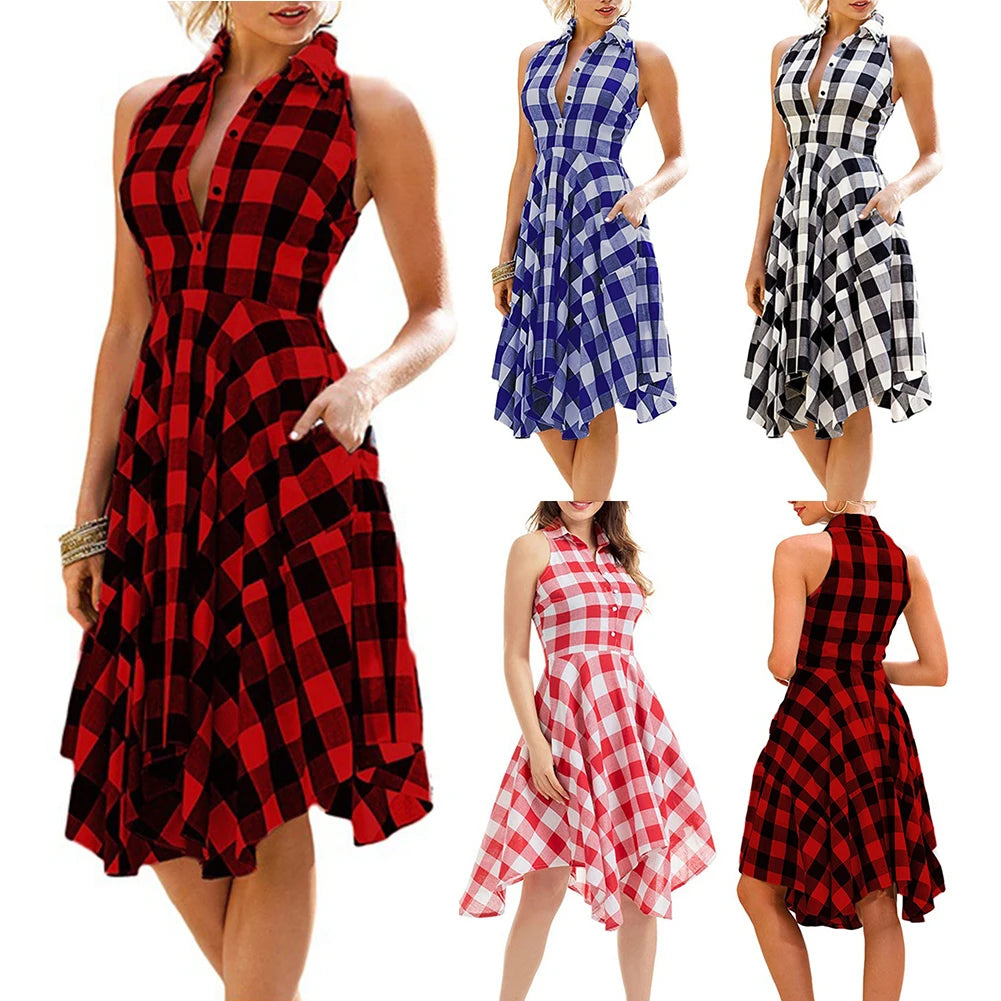 Fashion Dresses Women 2021 Spring Summer Lady Plaid Print Button Down Slim Sleeveless Irregular Midi Dress Women's Clothing