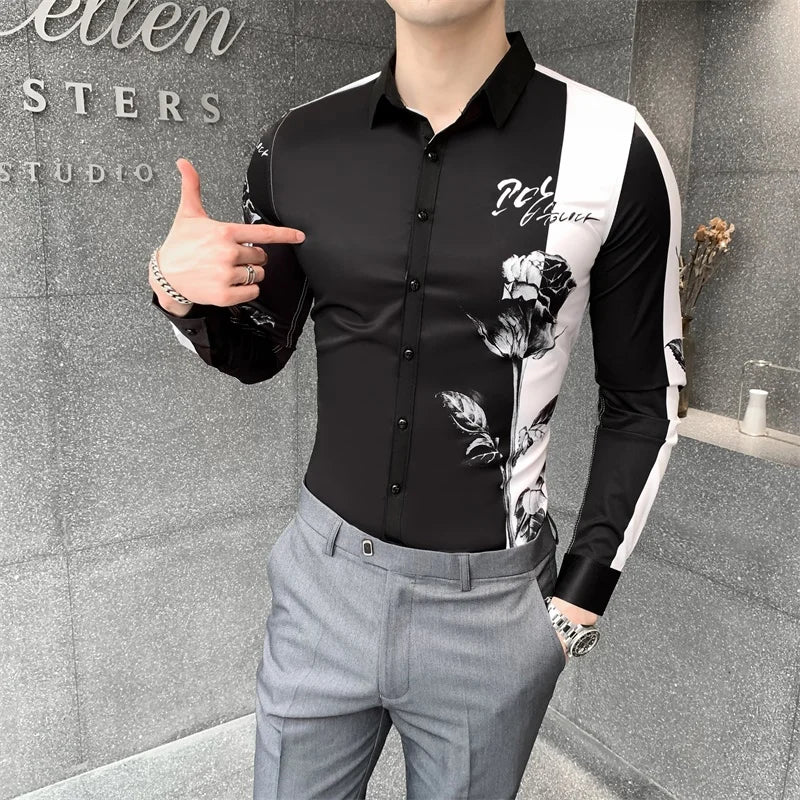 Camisa Masculina Fashion Patchwork Color Digital Print Long Sleeve Shirt Men Clothing 2023 Simple Slim Fit Casual Chemise Homme