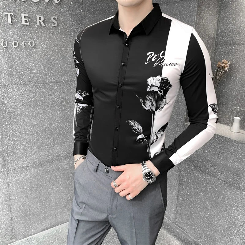 Camisa Masculina Fashion Patchwork Color Digital Print Long Sleeve Shirt Men Clothing 2023 Simple Slim Fit Casual Chemise Homme