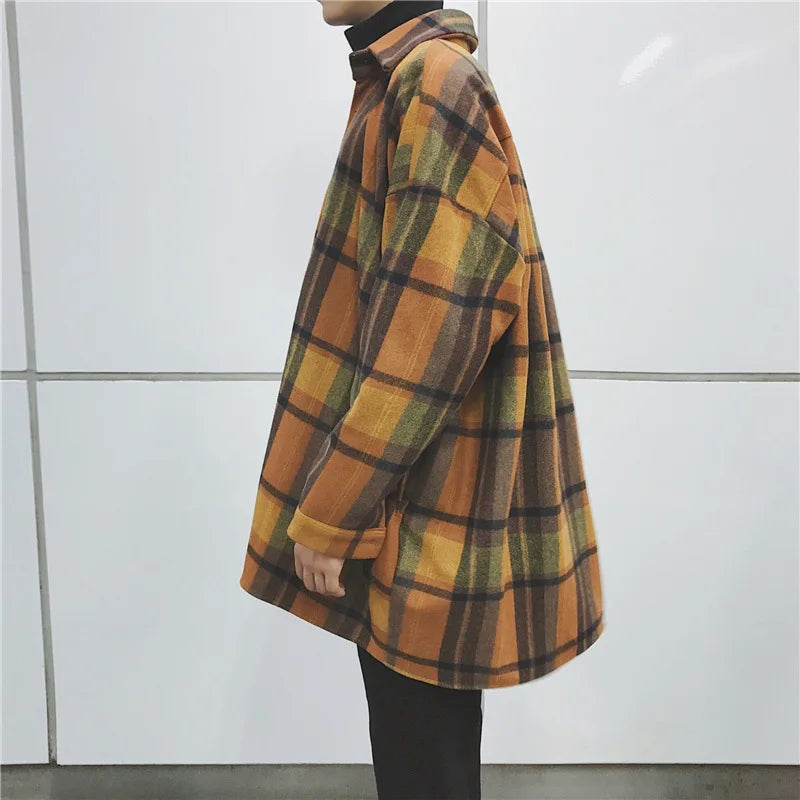 2023 New Fashion Men Plaid Shirt Casual Loose Wool Jacket Coat Men Long Sleeve Shirt Mens Clothing Streetwear