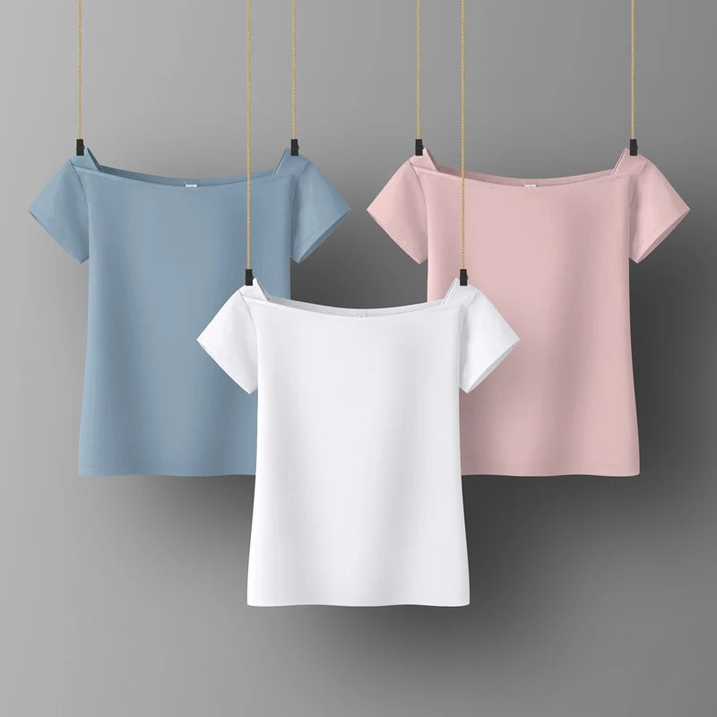 Women Sweetshirts Slash Neck T-shirt for womens Short Sleeve Summer Women's clothing Cotton kawaii clothes