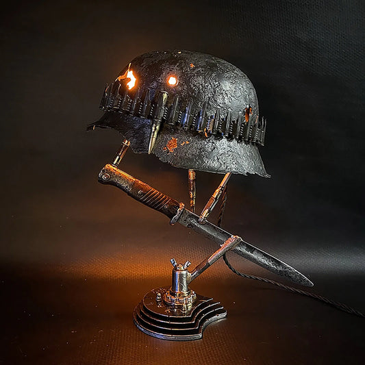 War Relic Helmet Lamp Statue Resin Abstract Vintage Home Light Decoracion Ornaments Statuettes Sculpture Craft For Office desk