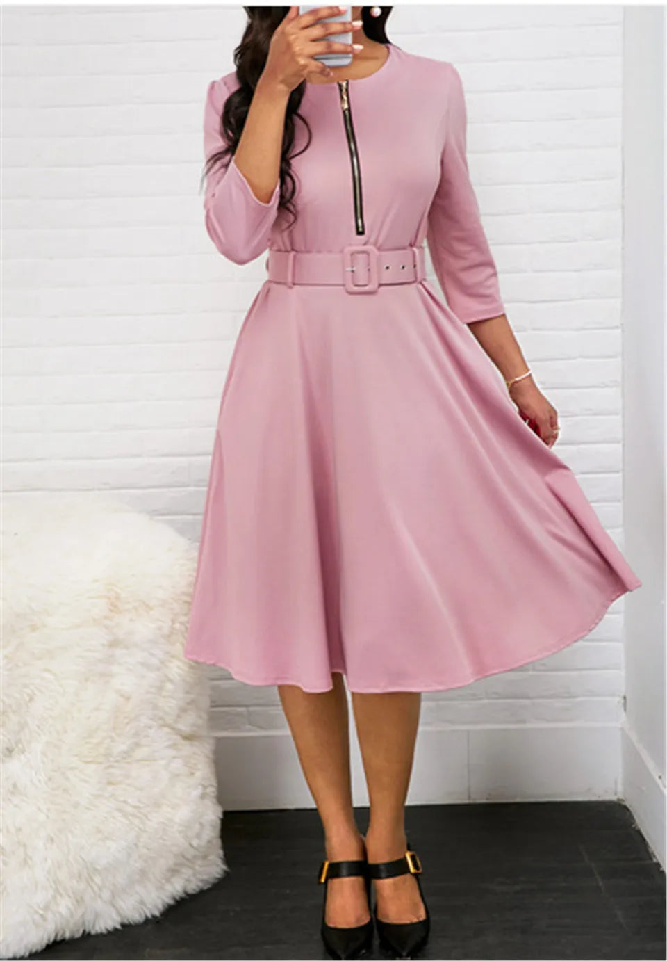 Autumn Dress Women Robe Femme Patchwork Zipper Belt Dresses O-Neck Half Sleeve Dress For Women's Clothing 2021 Vestido De Mujer