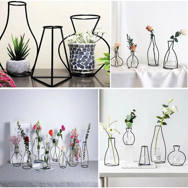 1Pcs Retro Iron Line Flowers Vases Nordic Style Metal Plants Stand Holder For Home Garden Decor Flower Pots Birthday Party Gifts