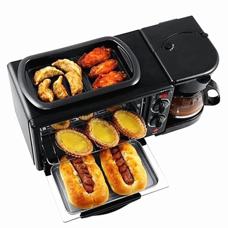 220V 3 In 1 Household Electric Oven 9L Bread Pizza Oven 600ML Coffee Machine Non-stick Frying Pan Automatic Breakfast Maker