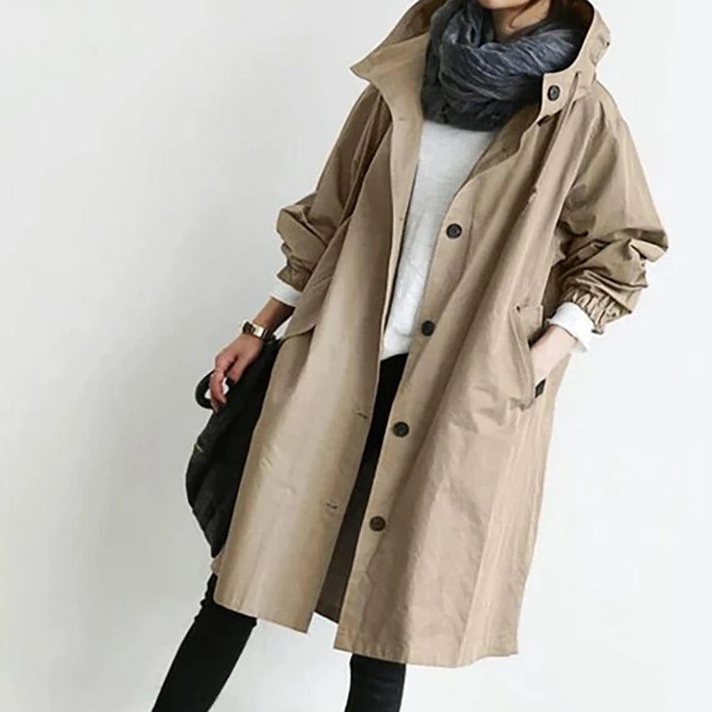 Women Autumn Solid Color Pocket Hooded Windbreaker Long Trench Coat Outerwear женская куртка Women's Clothing  Femme Veste