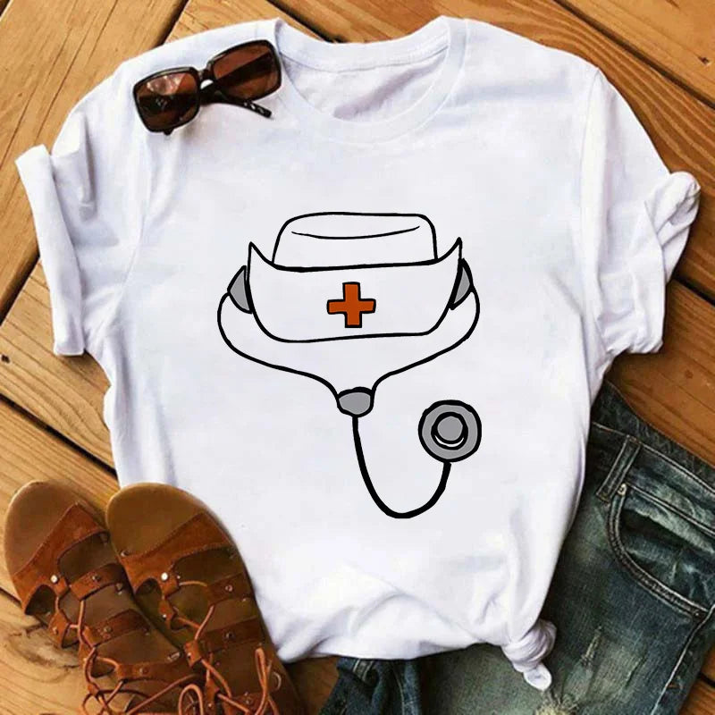 Summer Female T-shirt Nurse Print T-shirt Casual Graphic T-shirt Women's Harajuku Retro Top T-shirt Women's Clothing