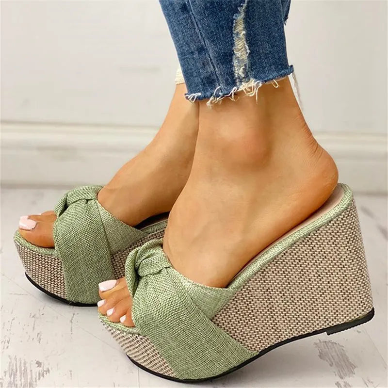 Women Sandals Summer Denim Butterfly Knot Platform Wedges High Heel Peep Toe Casual Fashion Beach Ladies Shoes Zapatos De Mujer