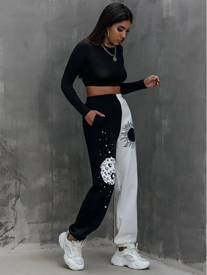 Women's Clothing 2021 Autumn And Winter Pants Harajuku Elastic Waist Pocket Side Sun Moon Graphic Print Colorblock Punk Trousers