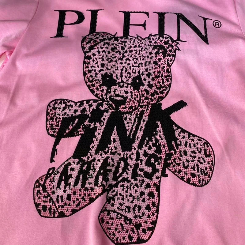 tshirt men cartoon rhinestones teddy bear plein embroidey  summer casual wear cotton shortsleeve pink paradise men clothing new