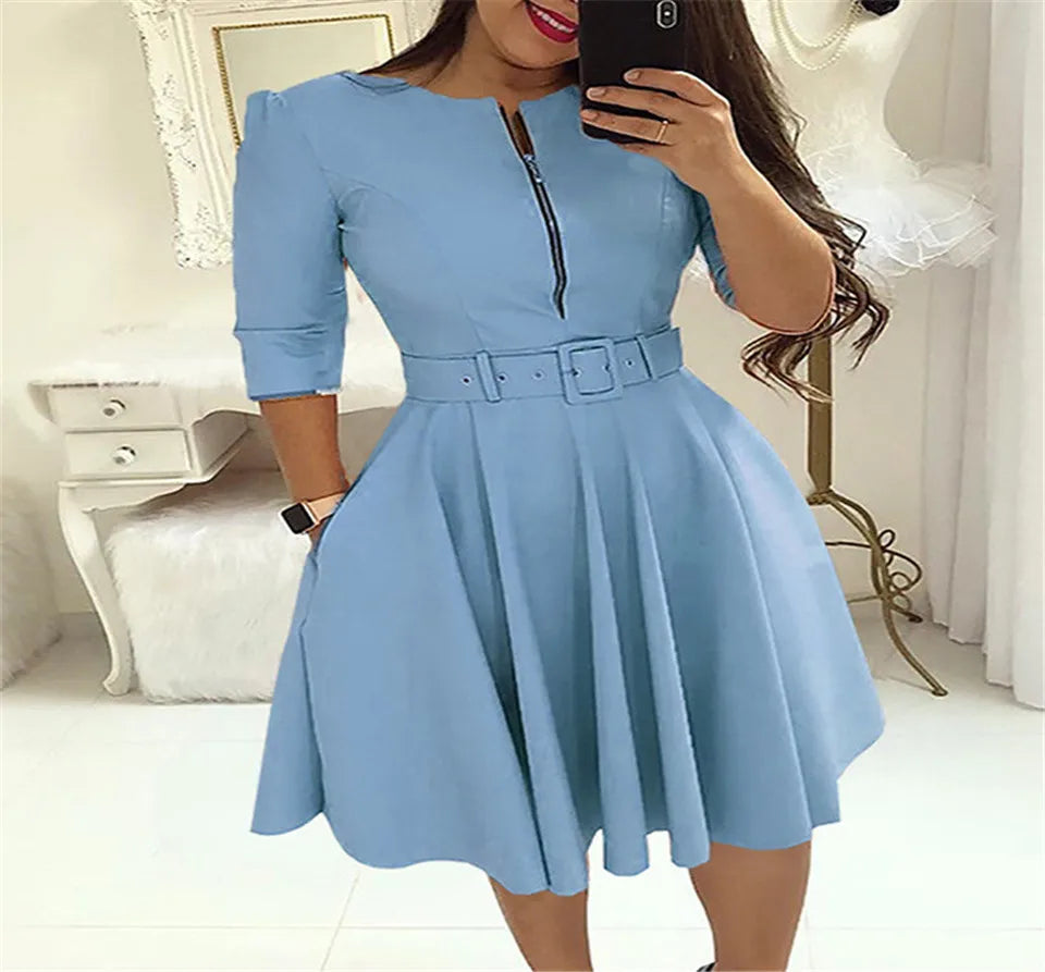 Autumn Dress Women Robe Femme Patchwork Zipper Belt Dresses O-Neck Half Sleeve Dress For Women's Clothing 2021 Vestido De Mujer