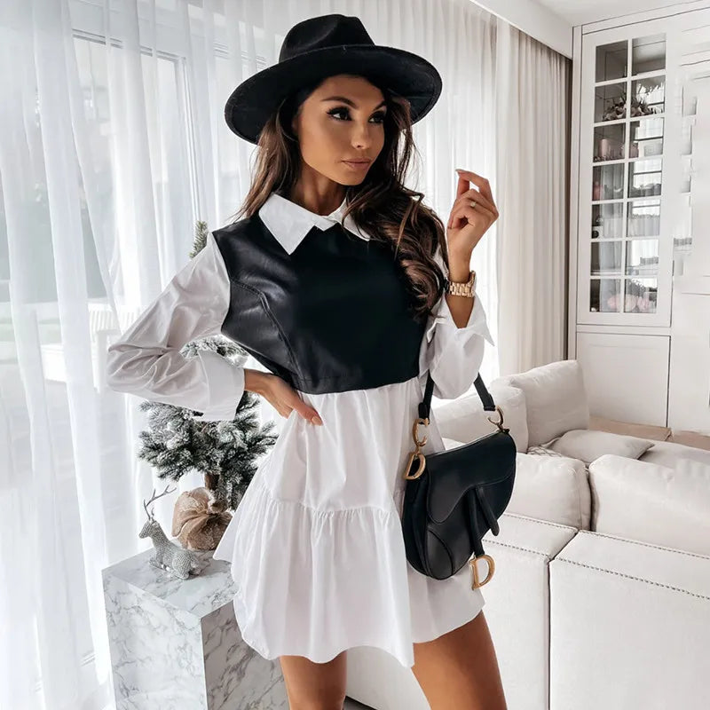 Autum Dress Women's Clothing 2021 Leather Patchwork Long Sleeve Mini Dresses Plaid Ruffles Dress For Woman Vestiods Femme Robes