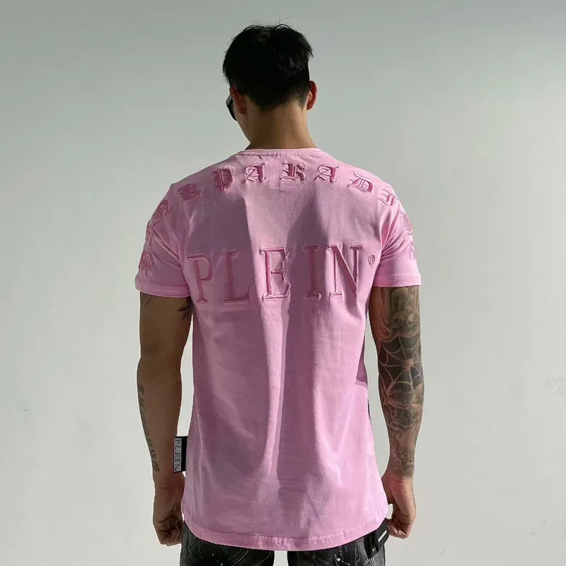 tshirt men cartoon rhinestones teddy bear plein embroidey  summer casual wear cotton shortsleeve pink paradise men clothing new