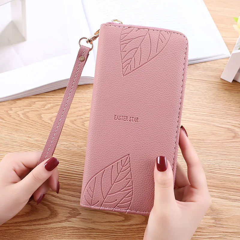 Womens Wallets and Purses PU Leather Wallet Female Wristband Leaf Print Long Women Purse Large Capacity Phone Bag Women Wallet