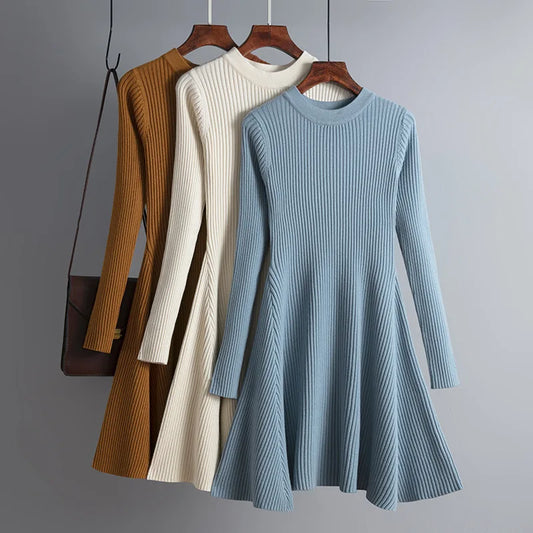 Simple Basic Autumn Winter A-Line Thick Sweater Dress Women Elegant Knit Dresses Female Slim Mini Robe Knitting Women's Clothing