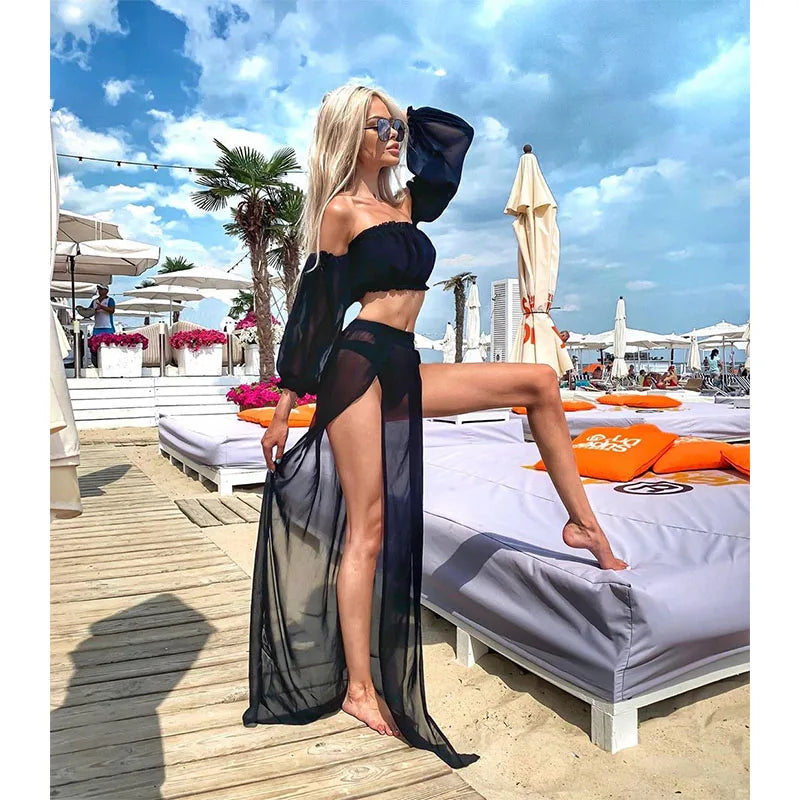 Women's Clothing Set Off Shoulder Long Sleeve Crop Tops and Cover Up Skirt Two-piece Suit for Travelling Beach Vacation