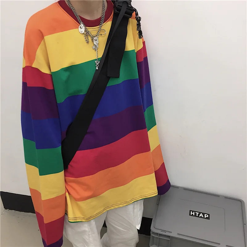 Women's Clothing Long-Sleeved T-Shirt Autumn New 4XL Korean Version Of Rainbow Stripes Loose Casual Oversized Street Hip-Hop Top