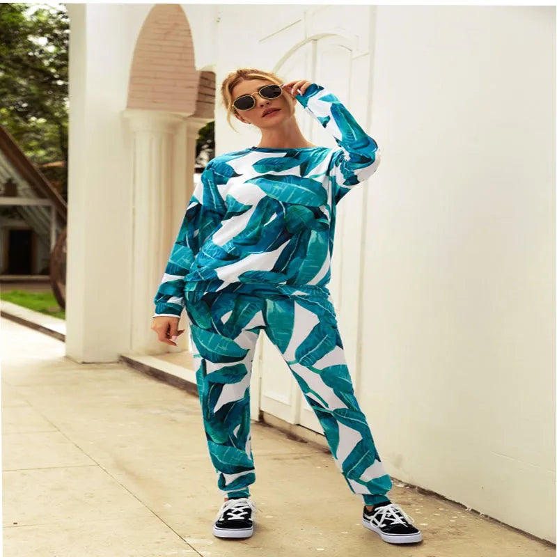 New Arrival Autumn Sexy Women Set Printed Round Neck Fashion Casual Suit Sexy Top Pants Two Piece Suit Women's Clothing