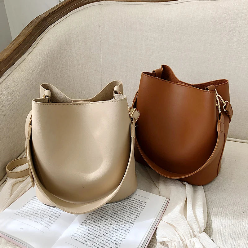 casual wide strap bucket bag designer women shoulder bags luxury pu crossbody bag large capacity messenger bag simply purse 2022