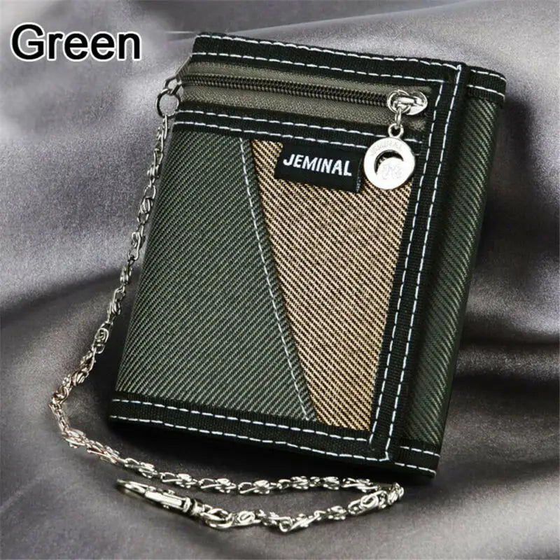 2020 New Fashion Men Boys Girls Plain Canvas Tri-Fold Wallet Card Cash Wallet with Chain