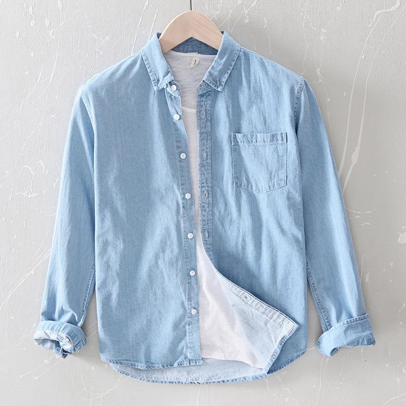 New Classic casual blue Denim shirt spring autumn Comfortable thin solid tops for men clothing long sleeve soft jeans shirts