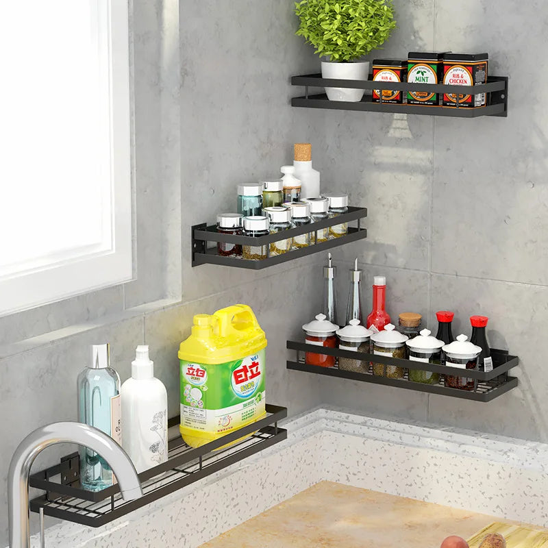 20/25/30/35/40/50cm Storage Seasoning Rack Punch-free Kitchen Bathroom Rack Spice Rack Carbon Steel Wall Hanging Corner Shelf