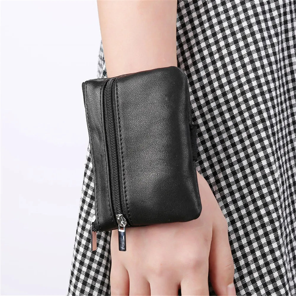 Women Men Sports Wrist Bag Key Money Bag Genuine Leather Ladies Coin Purses Zipper Pouch Card Holder Wallet Business Card Cases