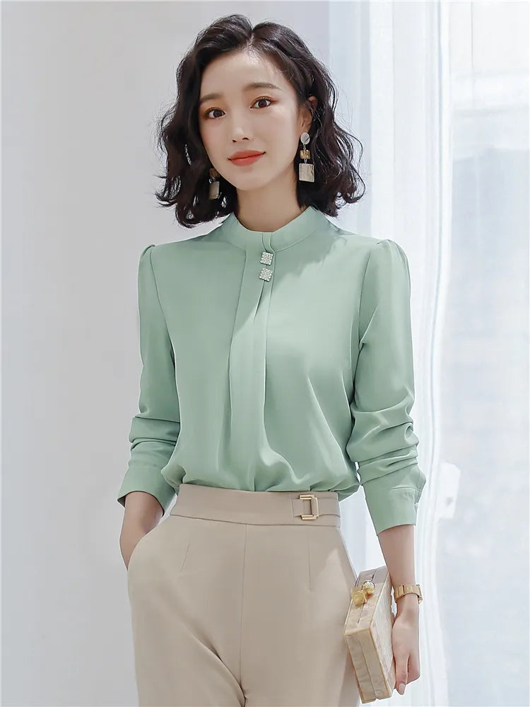 Dushicolorful Blouse Women's Clothing Long Sleeve White  Mint Green Chiffon Blouse OL Ladies Work Wear Shirt Formal Tops