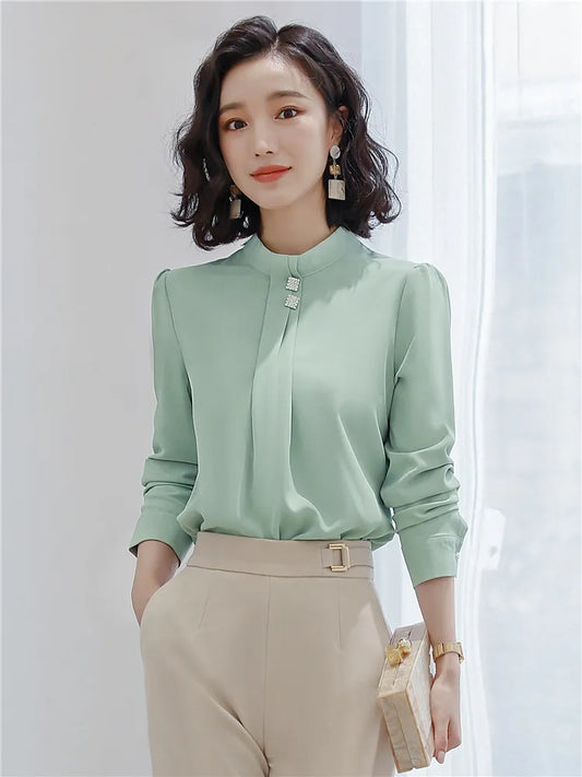 Dushicolorful Blouse Women's Clothing Long Sleeve White  Mint Green Chiffon Blouse OL Ladies Work Wear Shirt Formal Tops