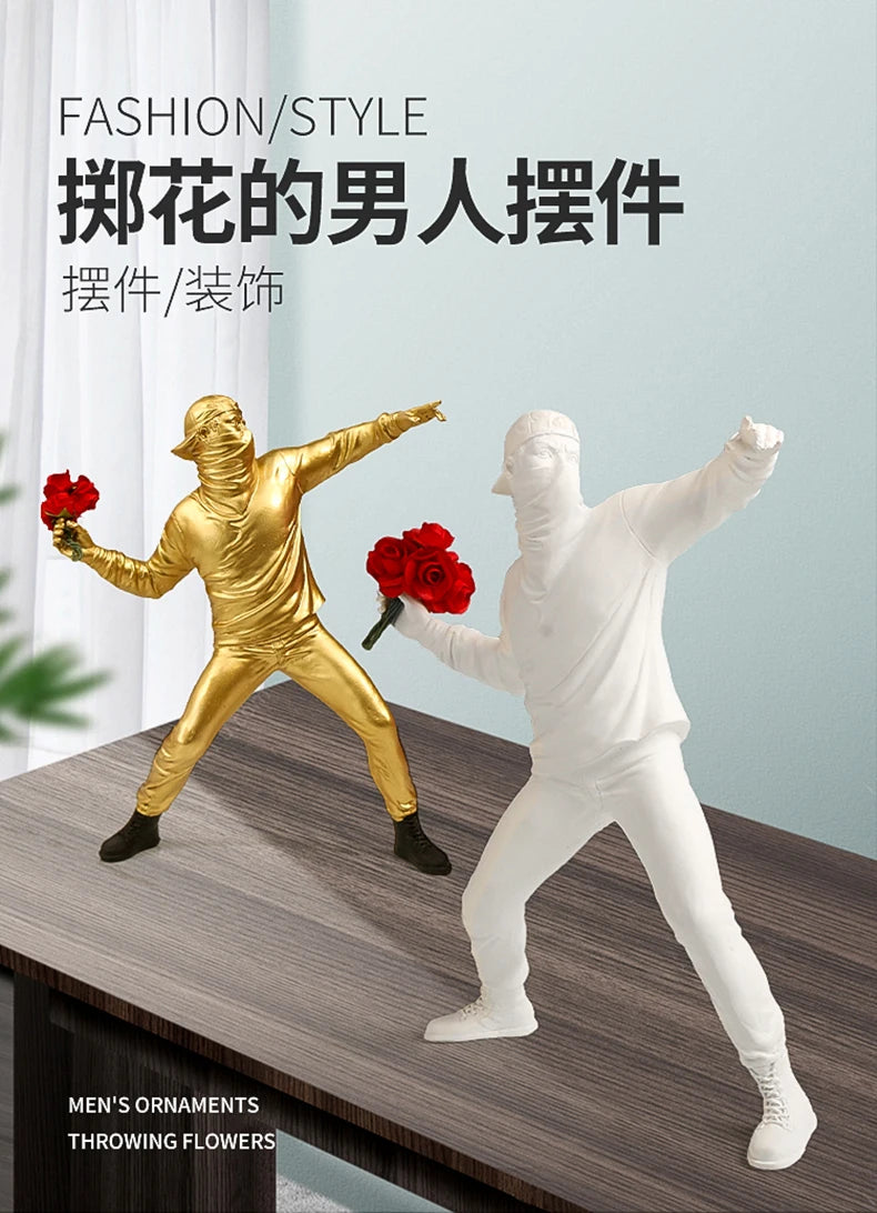 Resin Statues Sculptures Banksy Flower Thrower Statue Bomber Home Decoration Accessories Modern Ornaments Figurine Collectible