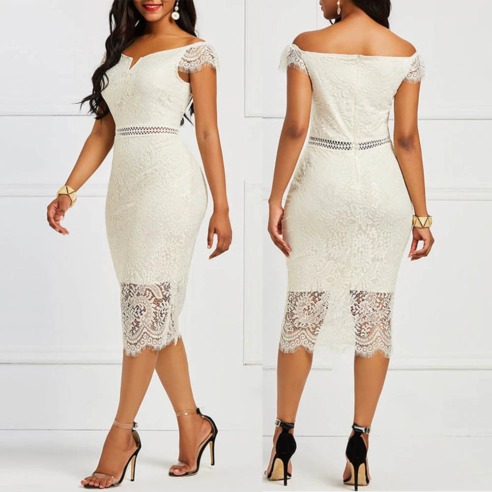 2020 Evening Party Women Sexy Off Shoulder V Neck Hollow Lace Bodycon Midi Dress Women's Clothing платье женское vestido