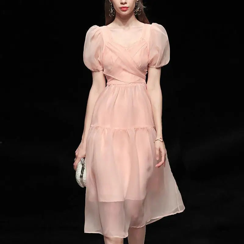 Elegant Designer Dress Women French Pink Bandage Dress Casual Puff Sleeve Slim Lace Chiffon Dress 2020 Autumn Women's Clothing