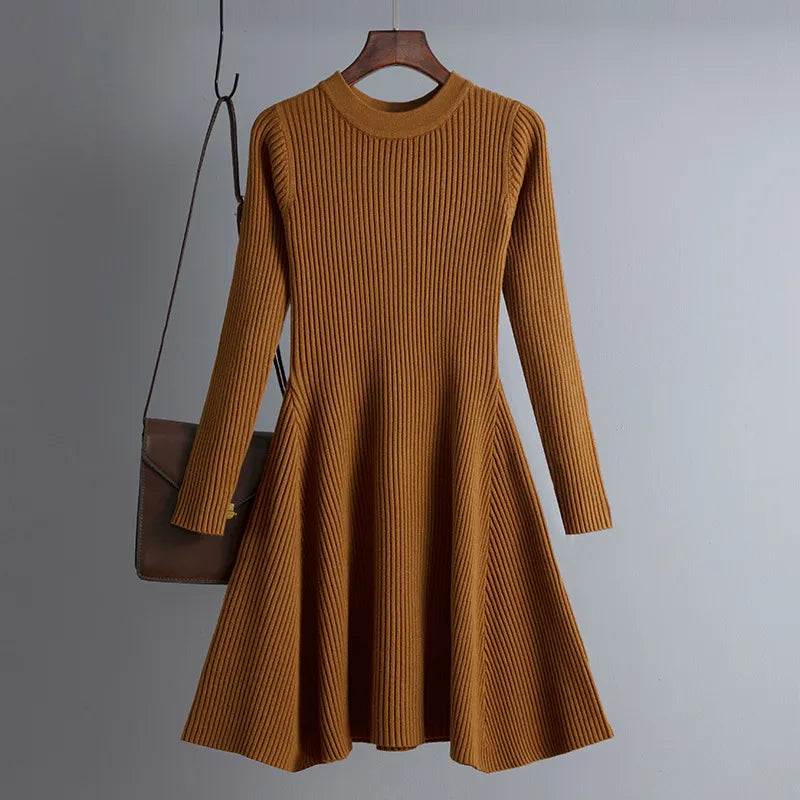 Simple Basic Autumn Winter A-Line Thick Sweater Dress Women Elegant Knit Dresses Female Slim Mini Robe Knitting Women's Clothing