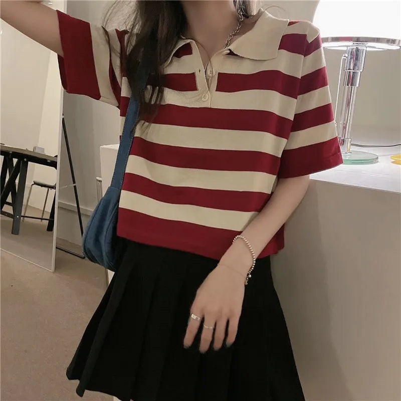 Women's Clothing Summer 2023 Polo Striped Short Sleeve T-shirts Crop Top Female Casual Tee Shirt Ladies Vintage Korean Fashion