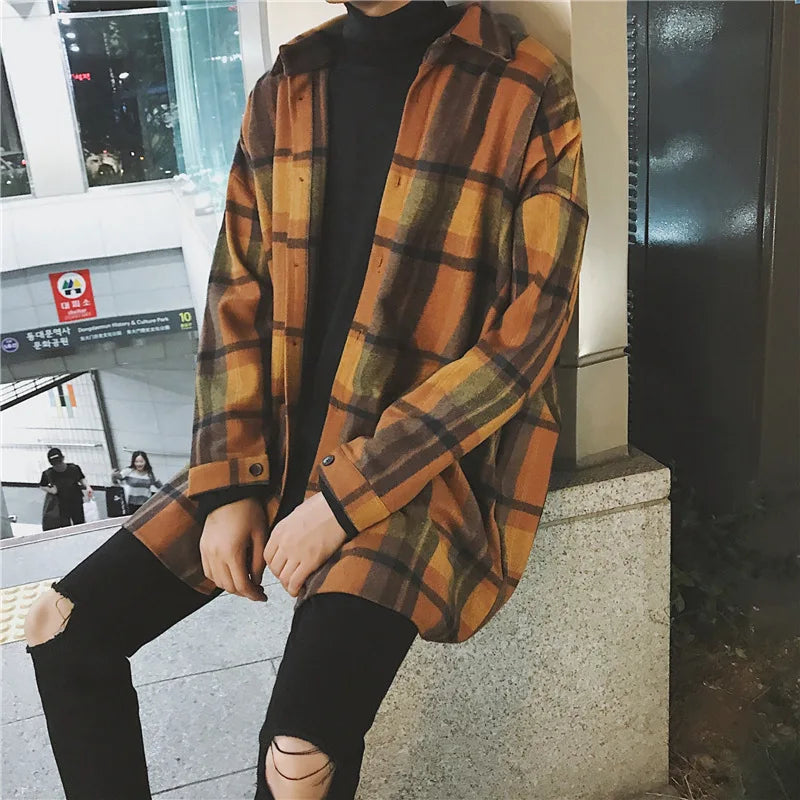 2023 New Fashion Men Plaid Shirt Casual Loose Wool Jacket Coat Men Long Sleeve Shirt Mens Clothing Streetwear