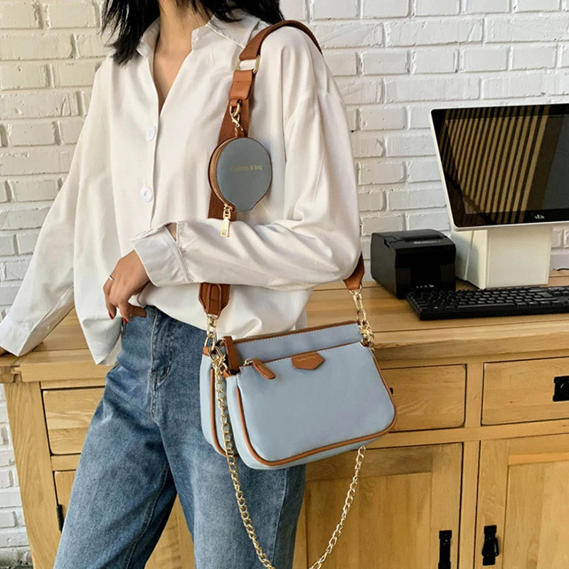 fashion chains women shoulder bags designer wide strap messenger bags luxury pu leather crossbody bag lady small purse 3 bag set