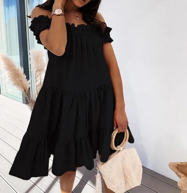 Summer Dress Women's Clothing 2021 A-Line Dresses Ruffles Slash Neck Short Sleeve Loose Mini Dress For Women Vestidos Femme Robe