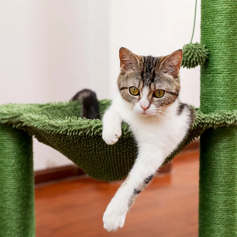 Cactus Cat Scratching Post with Sisal Rope Cat Scratcher Tree Towel with Comfortable Spacious Hammock Cats Climbing Frame