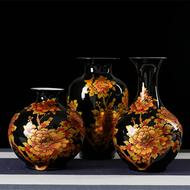 New Chinese Style Vase Jingdezhen Black Porcelain Crystal Glaze Flower Vase Home Decor Handmade Shining Famille Rose Vases