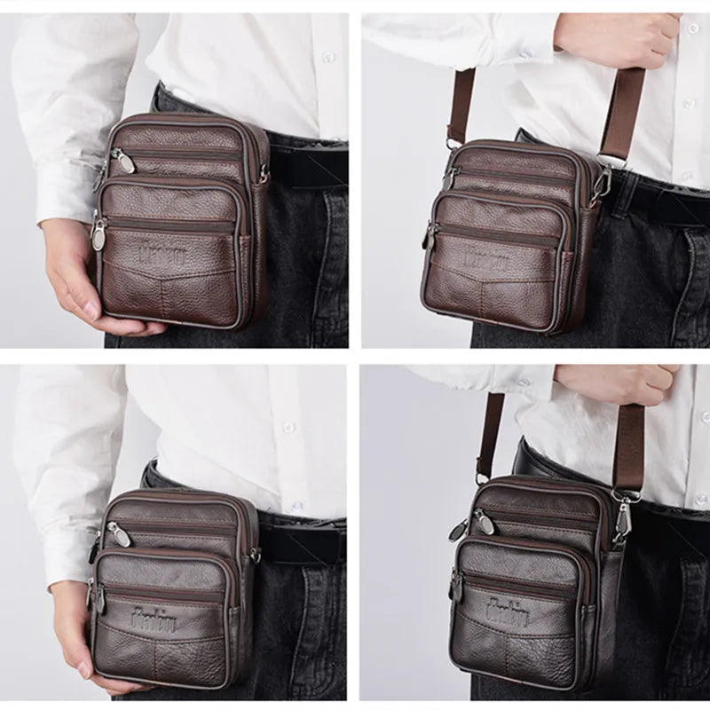 Men's Leather Shoulder Waist Bag Multi-function Mobile Phone Bag Head Layer Cowhide Body Bag Male Chest Bag Shoulder Bag