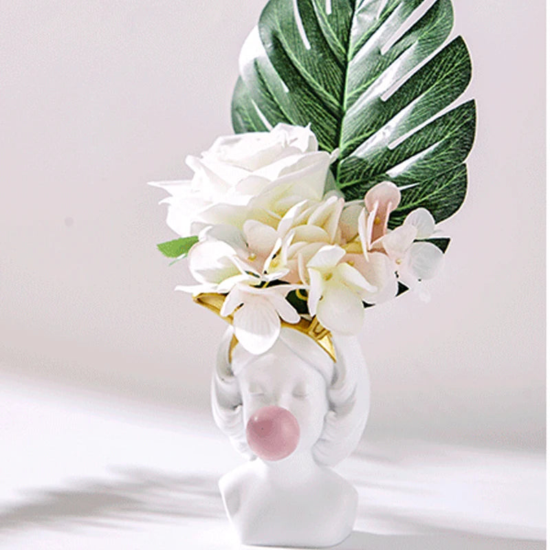 White Resin Vase Flower Pot Nordic Style Cute Human Head Flower Vases Basket Pen Brushes Holder Home Decoration