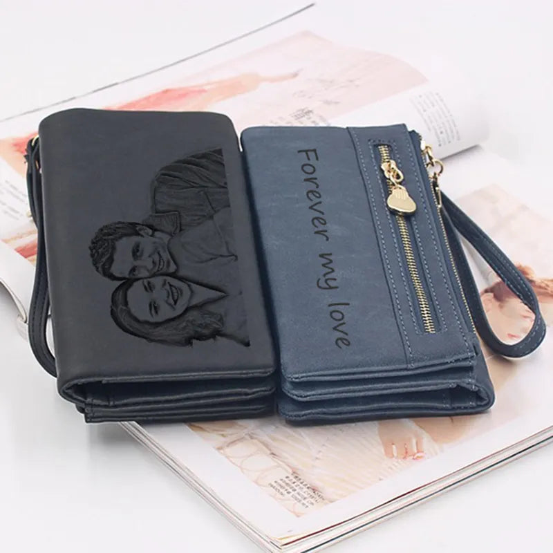 Picture Wallet High Capacity Fashion Women Wallets Long Dull  Polish PU Leather Wallet Female Customize Double Zipper Clutch