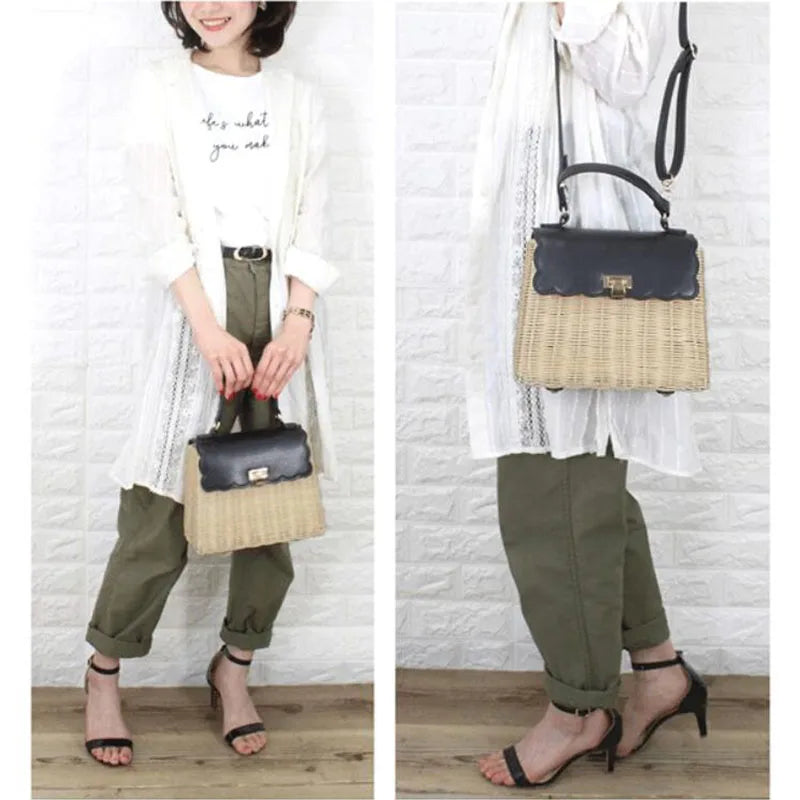 New Leather Straw Woven Patchwork Tote Bags Handmade woven rattan handbag Women Shoulder Bags Vintage Crossbody Bag