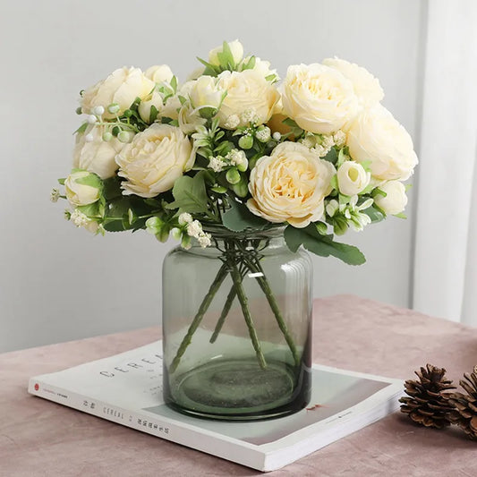 Beautiful Rose Peony Artificial Silk Flowers Small White Bouquet Vases for Home Party Winter Wedding Decoration Cheap Fake Plant