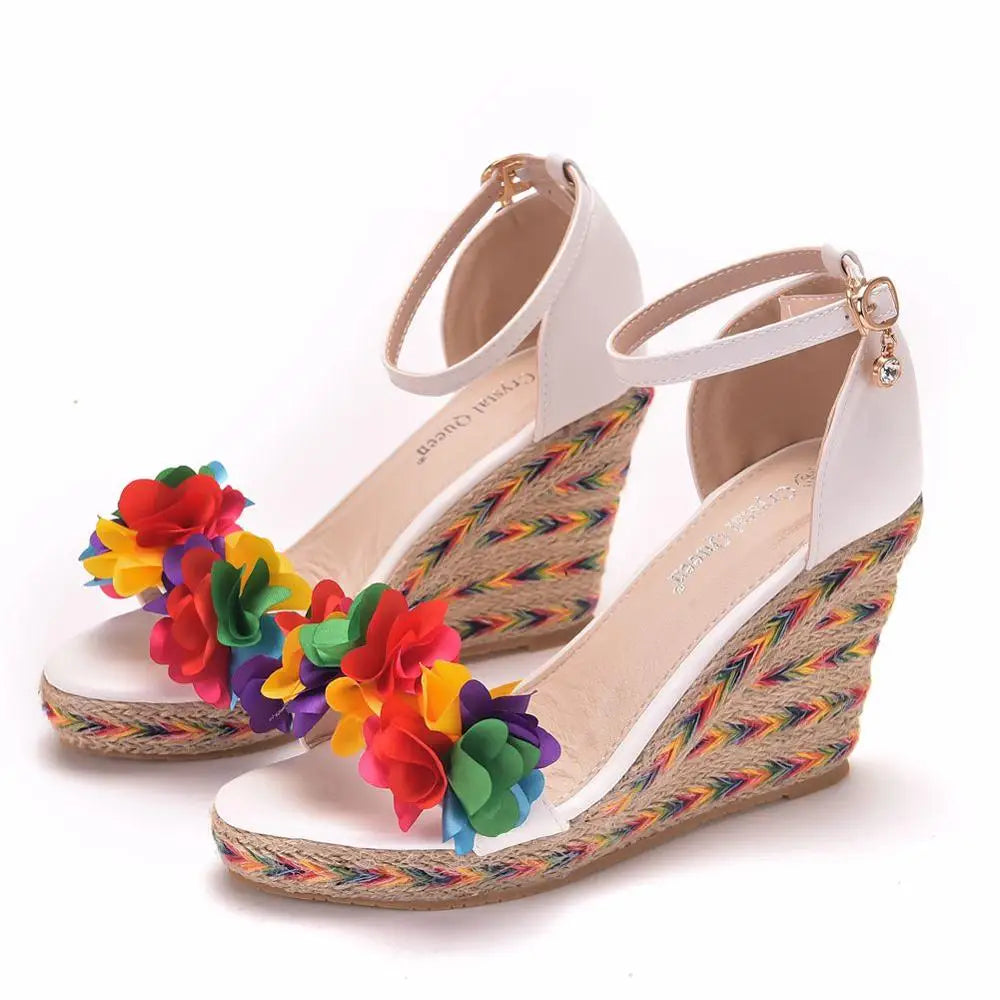 Crystal Queen Women Summer Wedges Female Floral Platform Bohemia High Heel Sandals Ankle Strap Open Toe Ladies Shoes